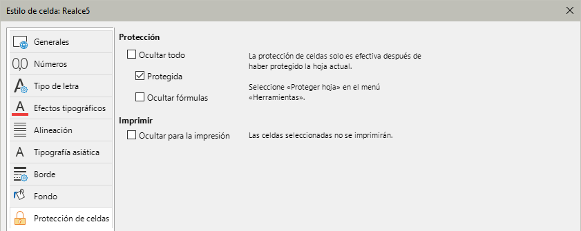 Diálogo Estilo de celda – página Protección de celdas