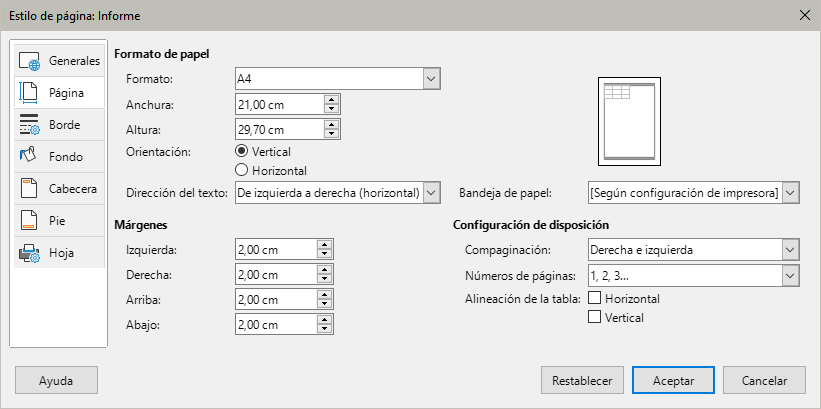 Diálogo Estilo de página
