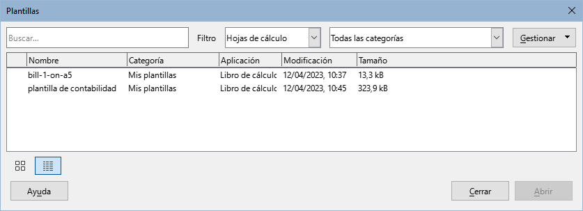 Diálogo Plantillas en Vista de listado.