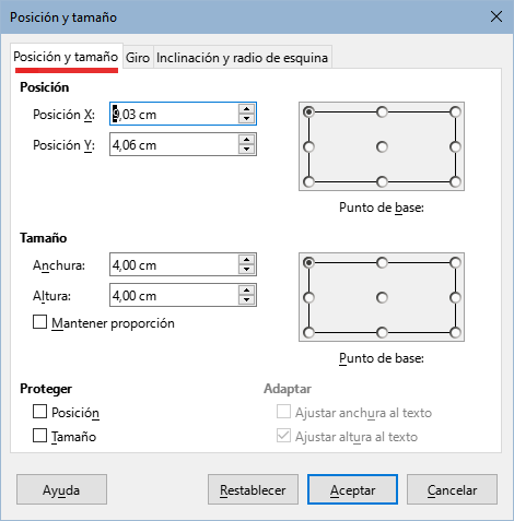 Diálogo Posición y tamaño