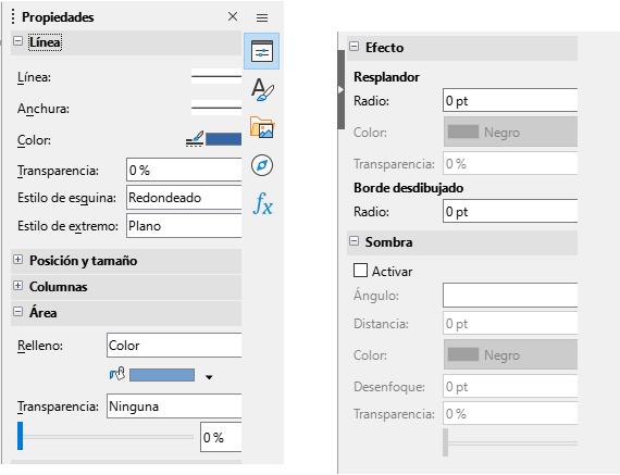 Propiedades del objeto de dibujo en la Barra lateral