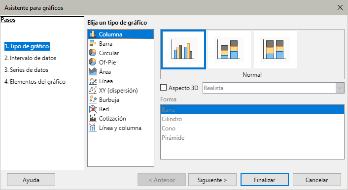 Paso 1 del  Asistente de gráficos – Tipo de gráfico