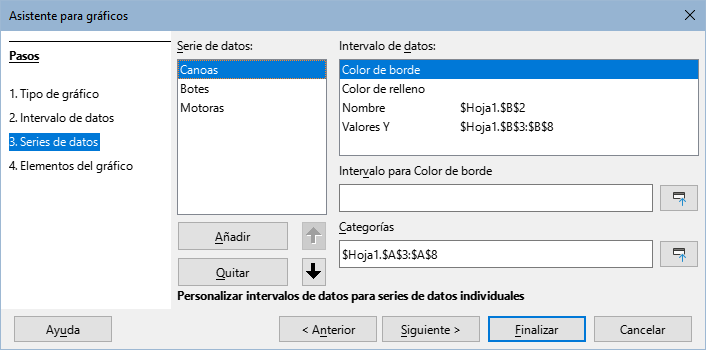 Paso 3 del Asistente de gráficos – Series de datos