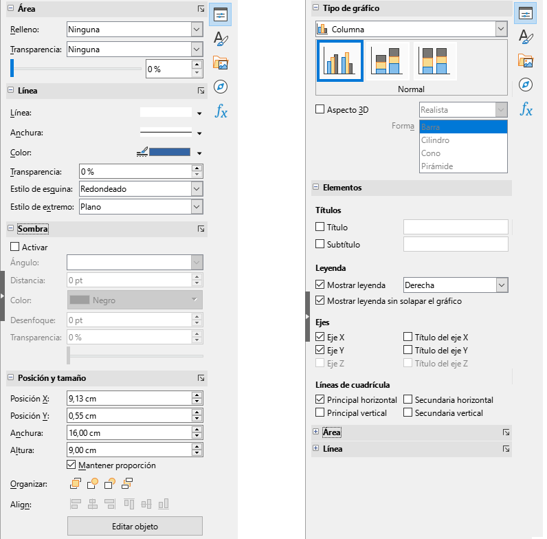 Página de propiedades de la Barra lateral 
con un gráfico seleccionado (izq.) y en modo edición (der.)