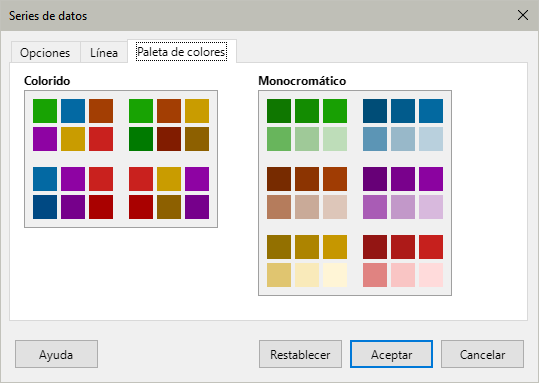 Paletas de colores en el diálogo Formato de selección