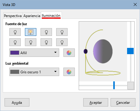 Diálogo Vista 3D – página Iluminación