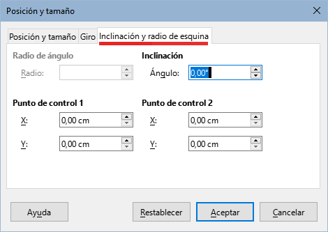 Diálogo Posición y tamaño – página Inclinación y radio de esquina
