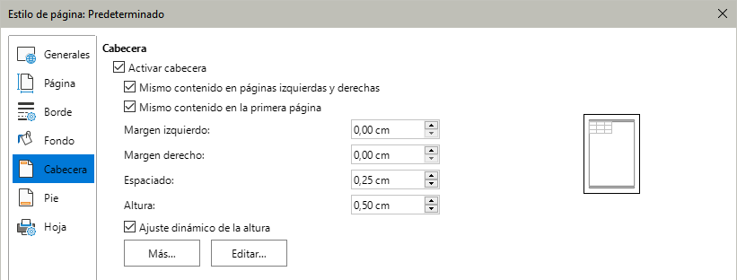 Diálogo Estilo de página – Página Cabecera