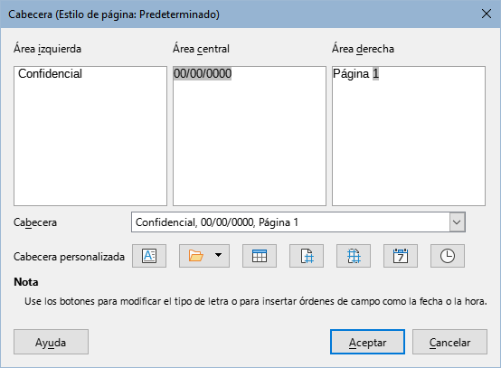 Diálogo Cabecera del estilo de página