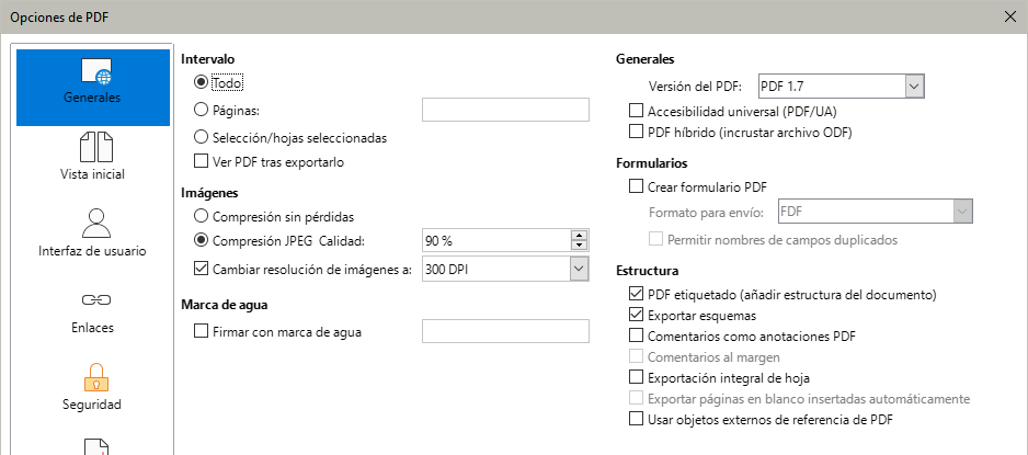 Diálogo Opciones de PDF – Página General