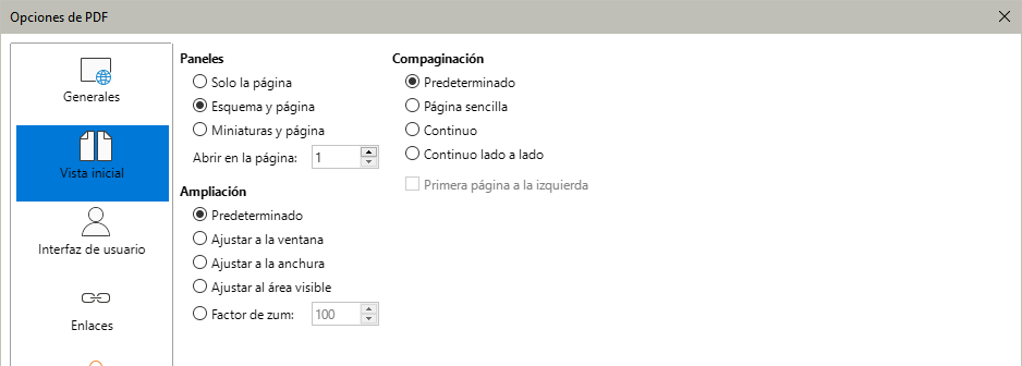 Diálogo Opciones de PDF – Página Vista inicial
