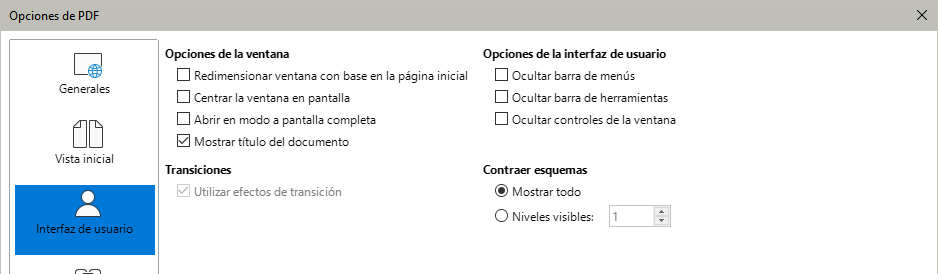 Diálogo Opciones de PDF – Página Interfaz de usuario