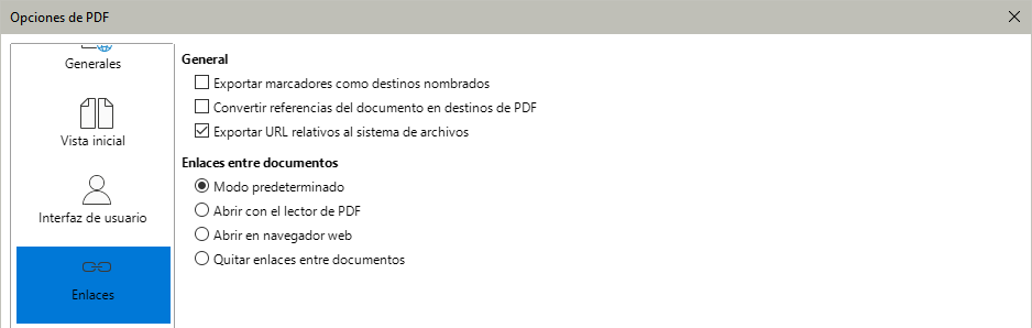Diálogo Opciones de PDF – Página Enlaces