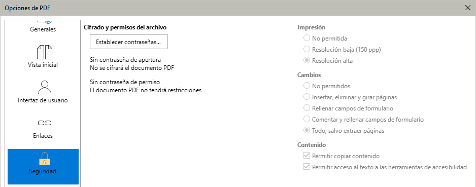 Diálogo Opciones de PDF – Página Seguridad