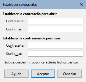 Diálogo Establecer contraseñas