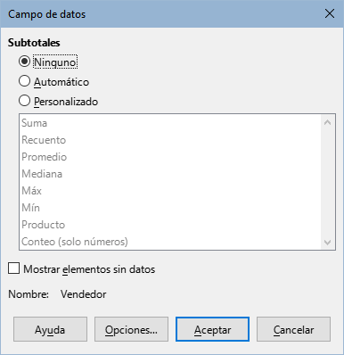 Diálogo Campo de datos para un campo de fila o de columna