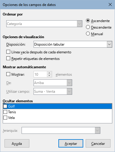 Diálogo Opciones de los campos de datos