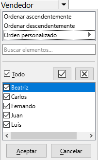 Ordenación de columna y diálogo de filtro