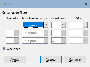 Diálogo para definir el filtro