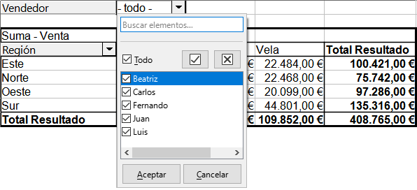 Diálogo de filtrado asociado al campo de filtro