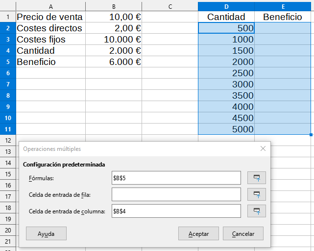 Datos de ingreso para Operaciones múltiples con una variable y una fórmula