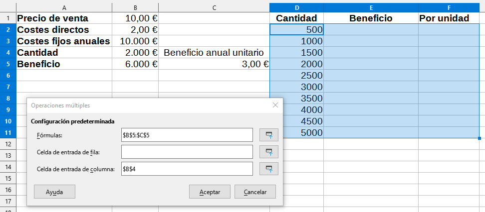 Datos de ingreso para Operaciones múltiples con una variable y dos fórmulas