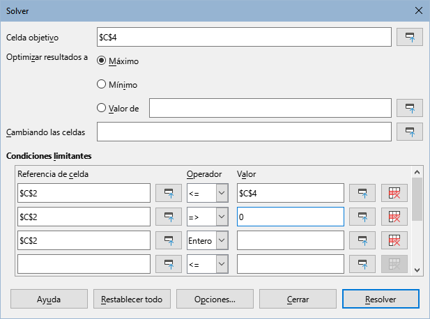 Diálogo Solver (Solucionador)