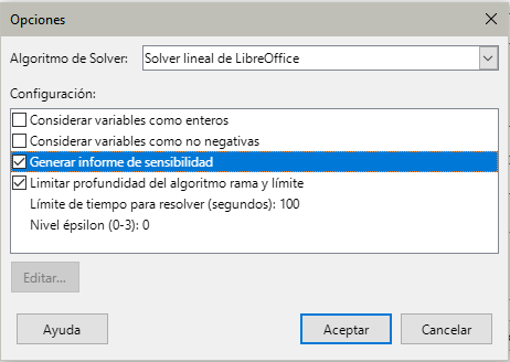 Diálogo Opciones para Solver lineal CoinMP