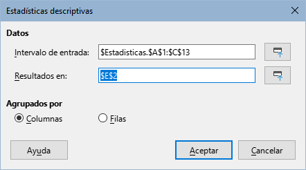 Diálogo Estadísticas descriptivas