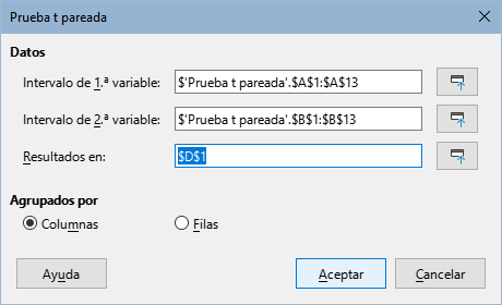 Diálogo Prueba t pareada