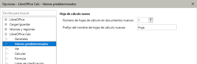 Opciones > LibreOffice Calc > Valores predeterminados