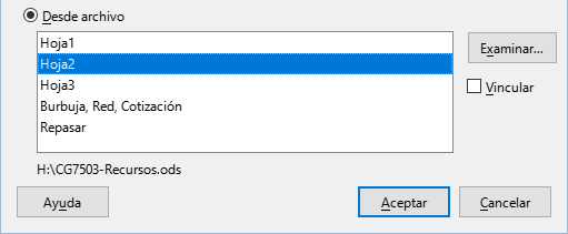 Área de archivos del diálogo Insertar hoja