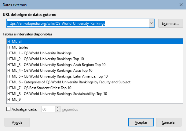 Diálogo Datos externos, con títulos de tablas.