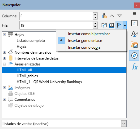 Insertar como enlace del menú Modo de arrastre