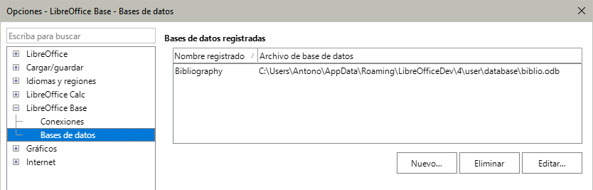 Diálogo Opciones – LibreOffice Base – Bases de datos