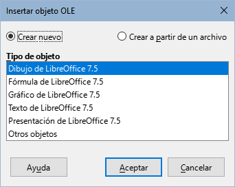 Diálogo Insertar objeto OLE