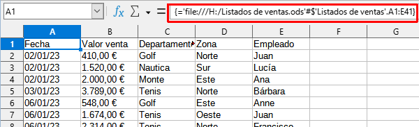Ejemplo de enlace DDE desde otra hoja de cálculo de Calc