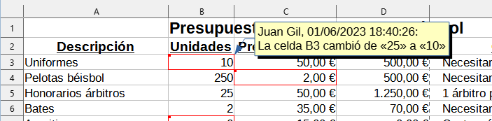 Visualizar detalles de la modificación