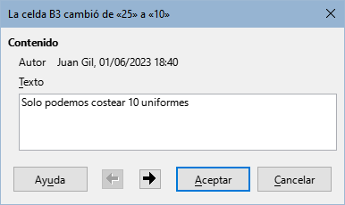 Comentario asociado a un cambio