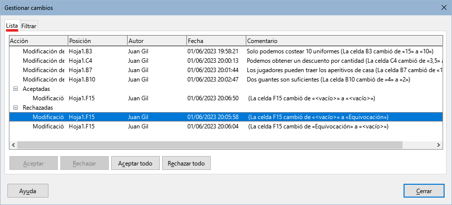 Diálogo para aceptar o rechazar cambios