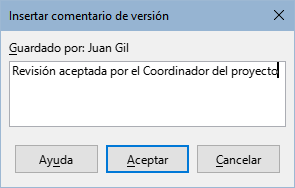 Diálogo Insertar comentario de versión