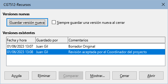 Lista de versiones actualizada