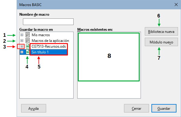 Partes del diálogo Macros Basic