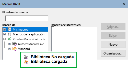 Diferentes símbolos para bibliotecas cargadas y no cargadas