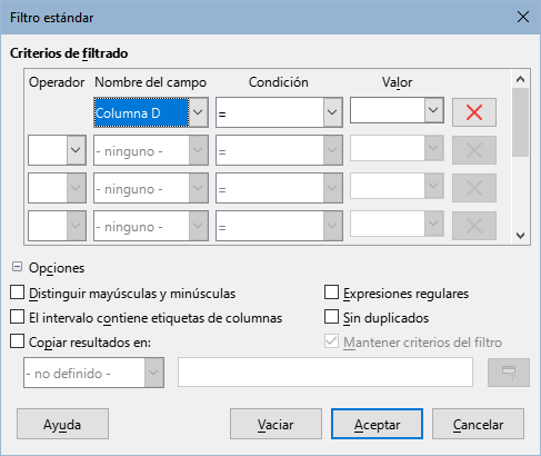 Diálogo Filtro estandar