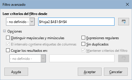 Dialogo Filtro avanzado
