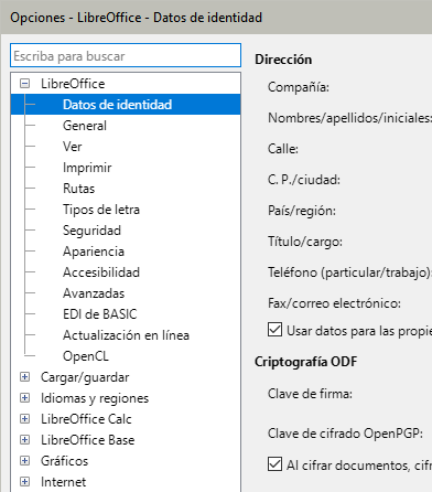 Opciones de LibreOffice