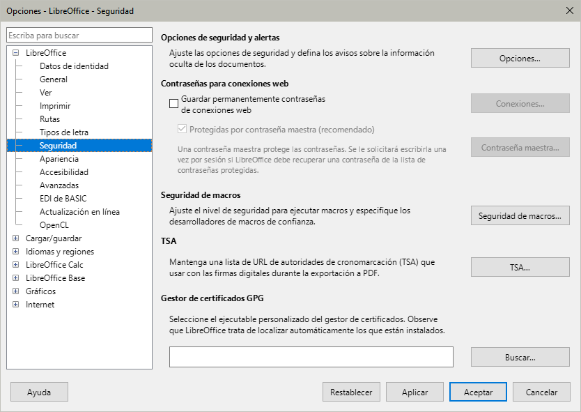Opciones de seguridad