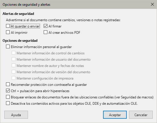 Opciones de seguridad y alertas