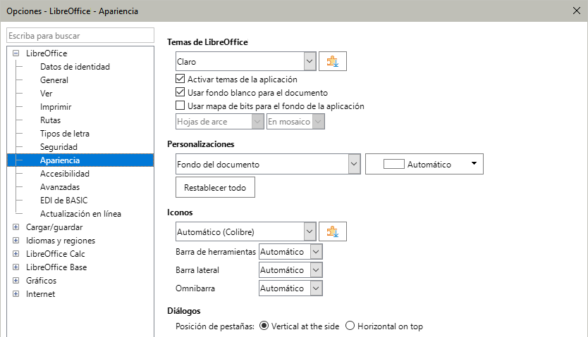 Colores de los elementos de la interfaz de Calc